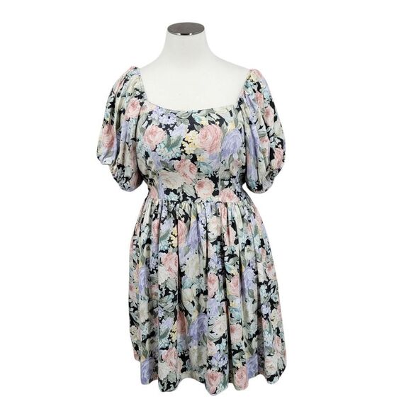 Impromptu 80s Vintage Floral Prom Puff Sleeve Dress Fitted Bodice - Picture 1 of 15
